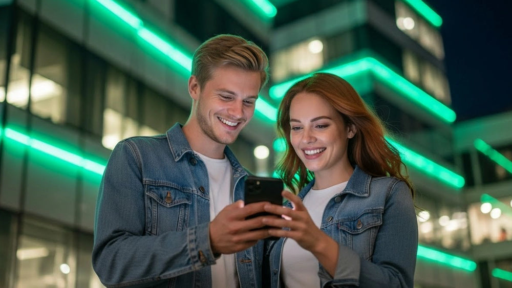 Two people dressed in denim jackets are looking at a phone together in an urban setting with green neon lights.